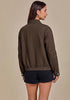 Chocolate Brown Women's Funnel Neck Denim Jacket — Oversized Zip Up Jean Jacket with Drop Shoulder, Elastic Hem & Side Slant Pockets