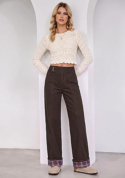 Dark Brown Women's High Rise Wide Leg Jeans — Stretchy Denim Pants with Double Button Waistband, Vertical Seam & Contrast Plaid Cuffs