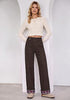 Dark Brown Women's High Rise Wide Leg Jeans — Stretchy Denim Pants with Double Button Waistband, Vertical Seam & Contrast Plaid Cuffs
