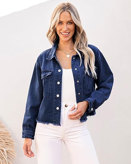 Nightfall Blue Women's Denim Collared Jacket With Flap Pocket Button UP Raw Hem Detail Long Sleeve Jean Jackets