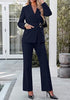 Navy Blue Women's 2 Piece Blazer Pants Suit, Business Casual Long Sleeve Belted Double Breasted Blazer & Elastic High Waisted Flared Pants Set, Dressy Office Work Outfits