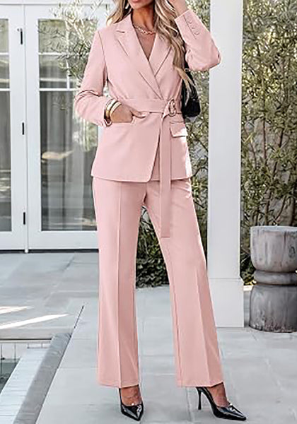 Peach Blush Women's 2 Piece Blazer Pants Suit, Business Casual Long Sleeve Belted Double Breasted Blazer & Elastic High Waisted Flared Pants Set, Dressy Office Work Outfits