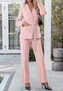 Peach Blush Women's 2 Piece Blazer Pants Suit, Business Casual Long Sleeve Belted Double Breasted Blazer & Elastic High Waisted Flared Pants Set, Dressy Office Work Outfits