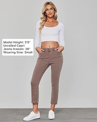 Cinnamon Brow- Acid Wash Women's High Waisted Elastic Slight Stretch Denim Pull On Cuffed Hem Capri Jeans Denim Pants