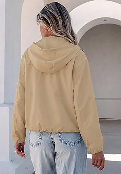 Beige Women's Trendy Funnel Neck Bomber Jacket — Oversized Cropped Zip Up Hooded Jacket with Stand Collar & Elastic Cuff Hem