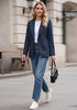 Dark Blue Women's Notched Lapel Blazer, Single Button Shoulder Pads Suit Jacket, Long Sleeve Business Casual Work Office Blazer with Pockets & Back Slit