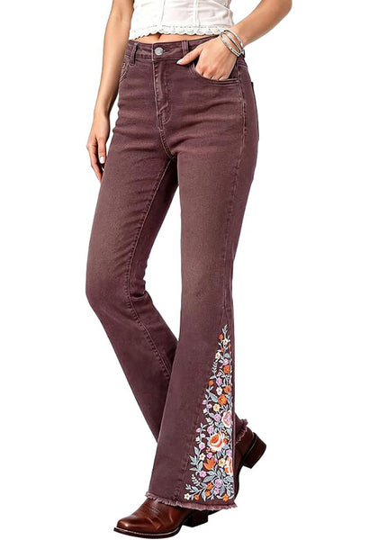 Coffee Brown Women's Floral Embroidery Flare Jeans — High Waisted Stretchy Bootcut Denim with Raw Frayed Hem & Retro Distressed Wash