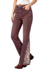 Coffee Brown Women's Floral Embroidery Flare Jeans — High Waisted Stretchy Bootcut Denim with Raw Frayed Hem & Retro Distressed Wash
