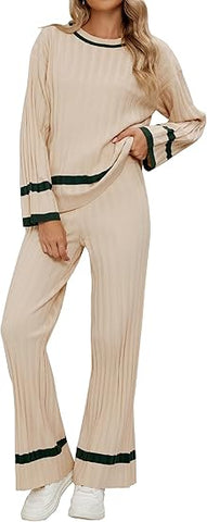 Beige Women Soft Long Sleeve Wide Leg Set Casual Sleep Lounge Wear