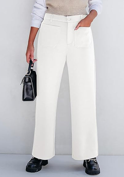 White Women's  High Waist Relaxed Fit Wide Leg Cropped Length Style Casual Pants With Pockets