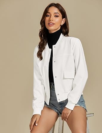 Cream White Women's Casual Fully Buttoned Jackets Baseball Collar Front Pocket Moderate Fit Slight Stretch.