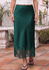Dark Green Women's Satin Maxi Skirt — Silky Bias Cut Long Slip Skirt with Easy Pull On Elastic Waistband & Lace Trim Hem