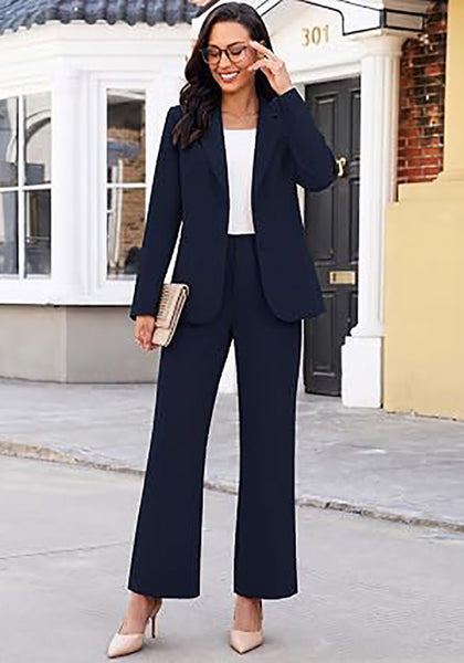 Navy Blue Women's 2 Piece Pant Suits, Business Casual Buttoned Blazer and High Waisted Bootcut Pants Set, 29" Inseam Professional Office Fall Teacher Outfits