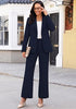 Navy Blue Women's 2 Piece Pant Suits, Business Casual Buttoned Blazer and High Waisted Bootcut Pants Set, 29