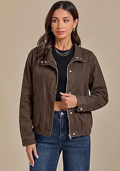 Chocolate Brown Women's Funnel Neck Denim Jacket — Oversized Zip Up Jean Jacket with Drop Shoulder, Elastic Hem & Side Slant Pockets