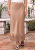 Tan Women's Satin Maxi Skirt — Silky Bias Cut Long Slip Skirt with Easy Pull On Elastic Waistband & Lace Trim Hem