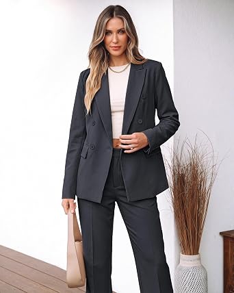 Charcoal Women's 2 Piece Double Breasted Pantsuit — Double Breasted, Wide Leg & Structured Shoulders, Professional Dressy Pantsuit Set, Office Chic, 2026 Fall Fashion