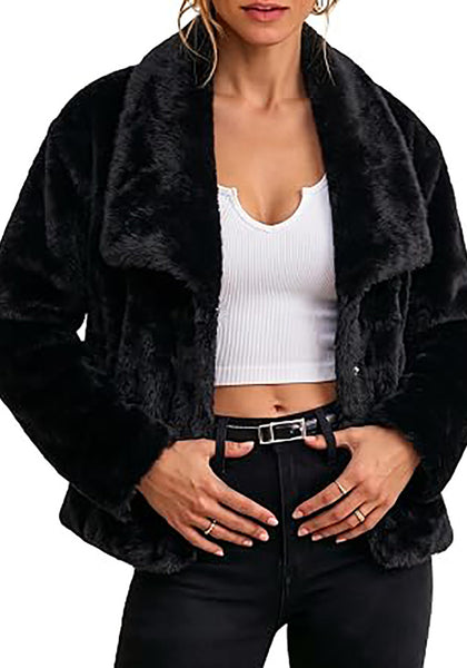 Black Wide Lapel Faux Fur Coat for Women — Oversized Dropped Shoulder Jacket with Side Pockets & Snap Buttons