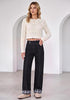 Black Women's High Rise Wide Leg Jeans — Stretchy Denim Pants with Double Button Waistband, Vertical Seam & Contrast Plaid Cuffs