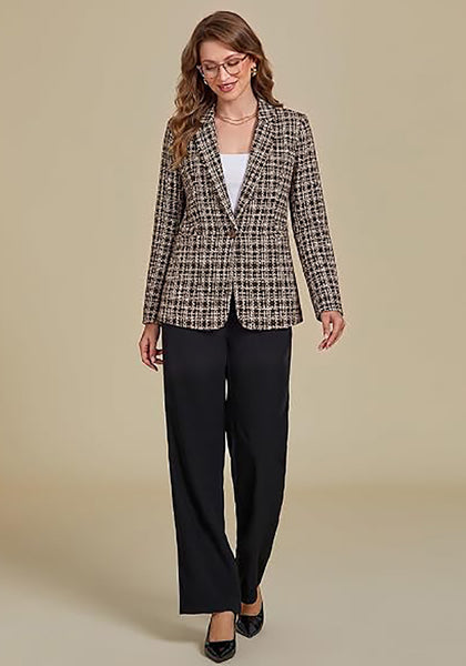 GRAPENT Women's Tweed Plaid Blazer | Notched Lapel, Fully Lined, Shoulder Pads, Single Button, 2 Pockets, Interview Office Business Casual