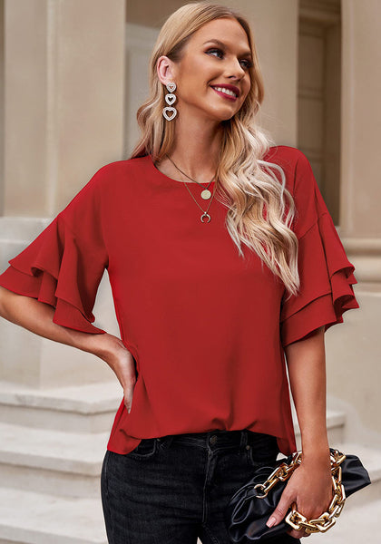 Red Trumpet Sleeves Keyhole-Back Blouse