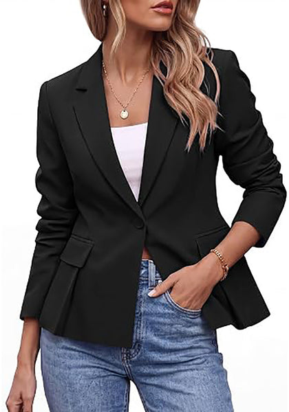 Black Women's  Peplum Suit Jacket Blazer, Tailored Fitted Long Sleeve with Built-in Shoulder Pads, Dressy Casual for Office, Business & Everyday Wear