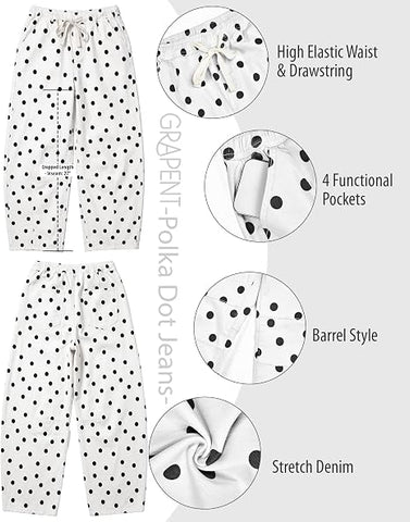 GRAPENT Women's High Rise Polka Dot Barrel Jeans | Stretch Denim, Elastic Drawstring Waist, 27" Inseam, Cropped, Dressy Casual Daily Wear