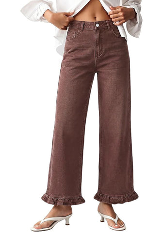 GRAPENT Women's High Waisted Ruffle Hem Wide Leg Jeans | Stretch Denim, 27.5" Inseam, Ankle Cropped, Baggy Fit, Weekend Casual