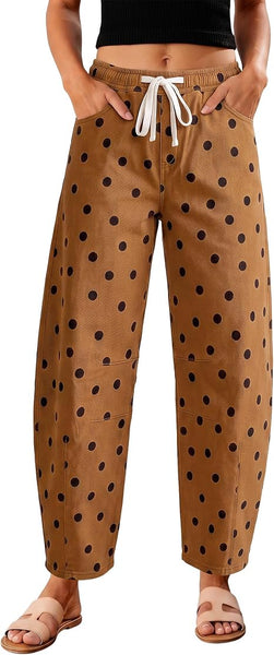 GRAPENT Women's High Rise Polka Dot Barrel Jeans | Stretch Denim, Elastic Drawstring Waist, 27" Inseam, Cropped, Dressy Casual Daily Wear