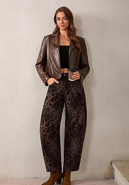 Brown Leopard Women's Trendy Leopard Barrel Jeans — High Waisted Baggy Wide Leg Stretchy Denim Pants with Front Seam & Ankle Length
