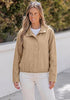 Khaki  Women's Funnel Neck Denim Jacket — Oversized Zip Up Jean Jacket with Drop Shoulder, Elastic Hem & Side Slant Pockets