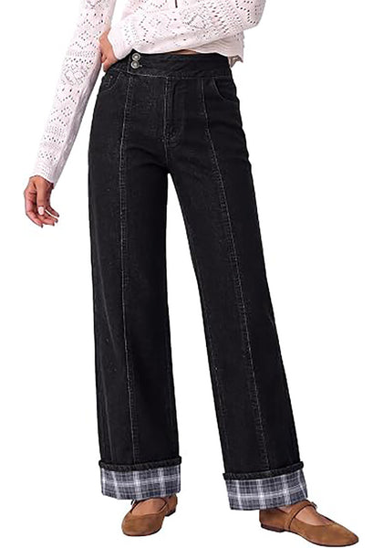 Black Women's High Rise Wide Leg Jeans — Stretchy Denim Pants with Double Button Waistband, Vertical Seam & Contrast Plaid Cuffs