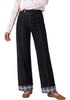 Black Women's High Rise Wide Leg Jeans — Stretchy Denim Pants with Double Button Waistband, Vertical Seam & Contrast Plaid Cuffs