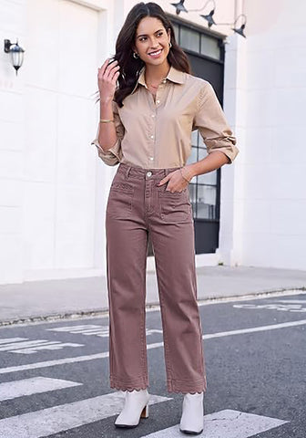GRAPENT Women's High Waisted Scalloped Ankle Jeans | Stretchy Denim, Straight Wide Leg, 27.5" Inseam, Patched Pockets, Work Office Dressy Casual
