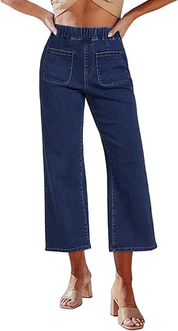 Dark Blue Women's Cropped Denim High Waisted Jeans Stretch Wide Leg