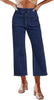 Dark Blue Women's Cropped Denim High Waisted Jeans Stretch Wide Leg