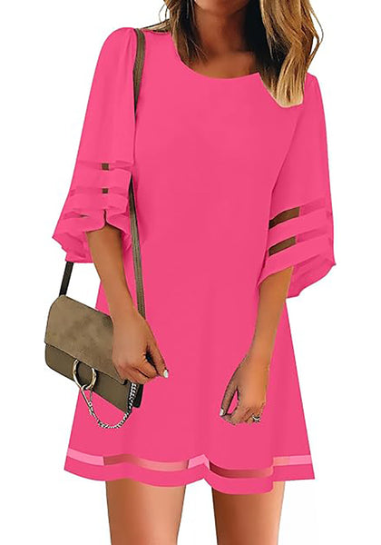 Hot Pink Women Casual Crewneck Mesh Panel 3/4 Bell Sleeve Loose Tunic Dress