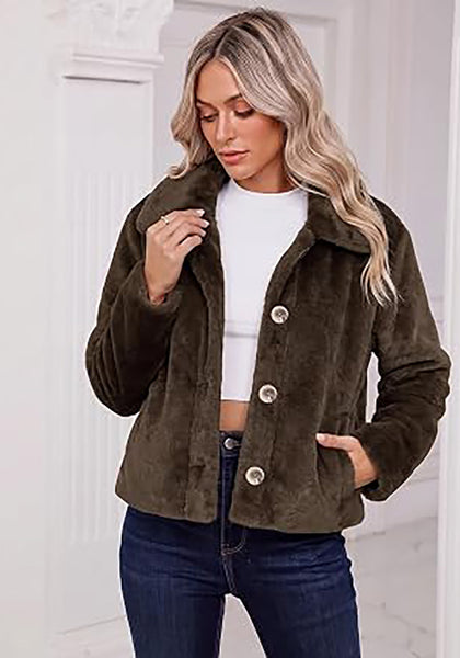 Brown Women's Cropped Fluffy Faux Fur Coat — Oversized Lapel Jacket with Button Down Closure & Warm Lining