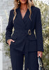 Navy Blue Women's 2 Piece Blazer Pants Suit, Business Casual Long Sleeve Belted Double Breasted Blazer & Elastic High Waisted Flared Pants Set, Dressy Office Work Outfits