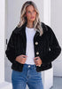 Black Women's Cropped Fluffy Faux Fur Coat — Oversized Lapel Jacket with Button Down Closure & Warm Lining