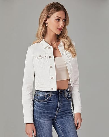 Ivory White Women's Basic Long Sleeves Fitted Denim Cropped Jacket