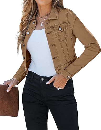 Almond Brown Women's Basic Long Sleeves Fitted Denim Cropped Jacket