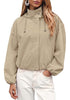 Light Taupe Women's Trendy Funnel Neck Bomber Jacket — Oversized Cropped Zip Up Hooded Jacket with Stand Collar & Elastic Cuff Hem
