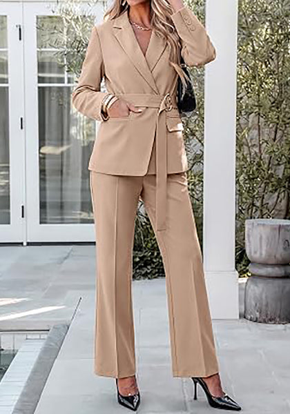 Khaki Women's 2 Piece Blazer Pants Suit, Business Casual Long Sleeve Belted Double Breasted Blazer & Elastic High Waisted Flared Pants Set, Dressy Office Work Outfits