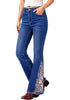 Classic Blue  Women's Floral Embroidery Flare Jeans — High Waisted Stretchy Bootcut Denim with Raw Frayed Hem & Retro Distressed Wash