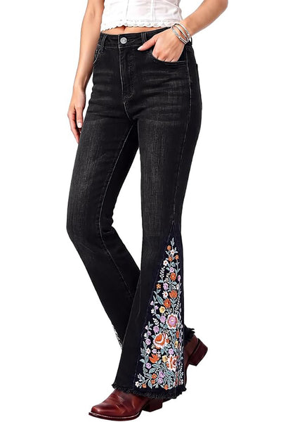 Washed Black Women's Floral Embroidery Flare Jeans — High Waisted Stretchy Bootcut Denim with Raw Frayed Hem & Retro Distressed Wash