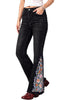 Washed Black Women's Floral Embroidery Flare Jeans — High Waisted Stretchy Bootcut Denim with Raw Frayed Hem & Retro Distressed Wash