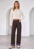 Dark Brown Women's High Rise Wide Leg Jeans — Stretchy Denim Pants with Double Button Waistband, Vertical Seam & Contrast Plaid Cuffs