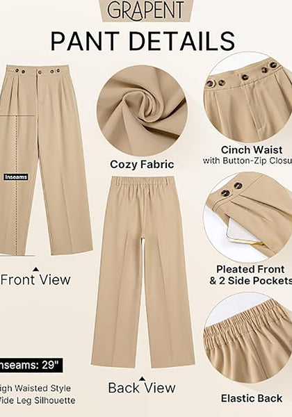 GRAPENT Women's High Waisted Wide Leg Work Pants | Elastic Back Waist, Front Pleated, Business Casual Office Outfits