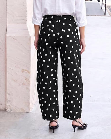GRAPENT Women's High Rise Polka Dot Barrel Jeans | Stretch Denim, Elastic Drawstring Waist, 27" Inseam, Cropped, Dressy Casual Daily Wear